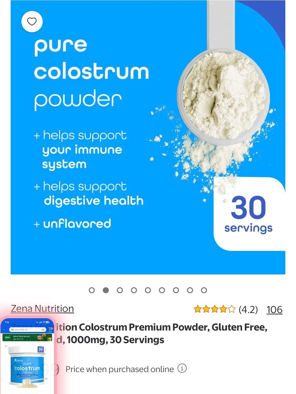 Zena Nutrition Pure Colostrum 1000mg - Blue Tub - Picture 3 of 4